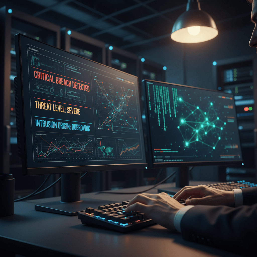 Cybersecurity professional monitoring AI threat detection on multiple screens